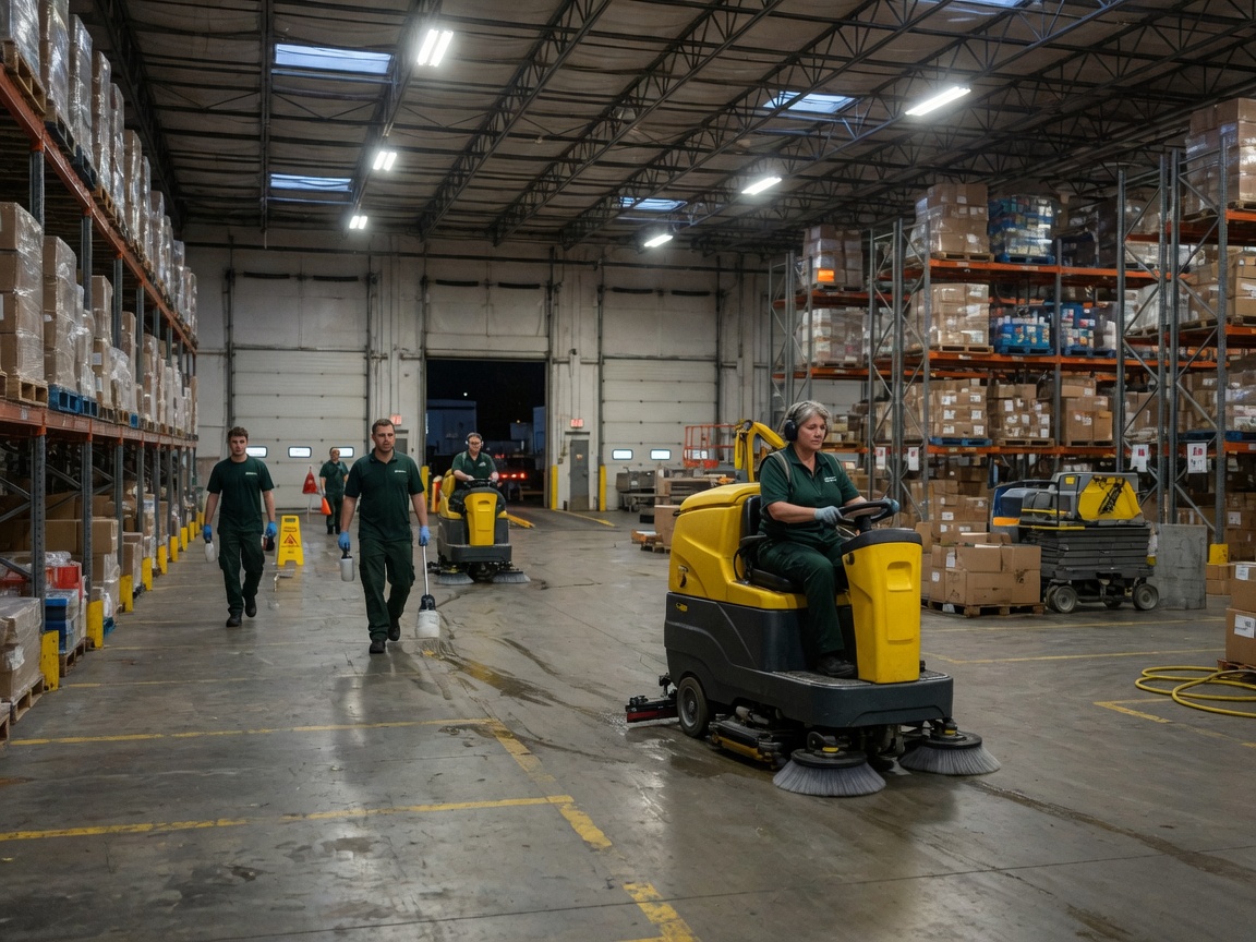 First Choice crew auto-scrubbing the concrete floor of a high-bay South Florida warehouse
