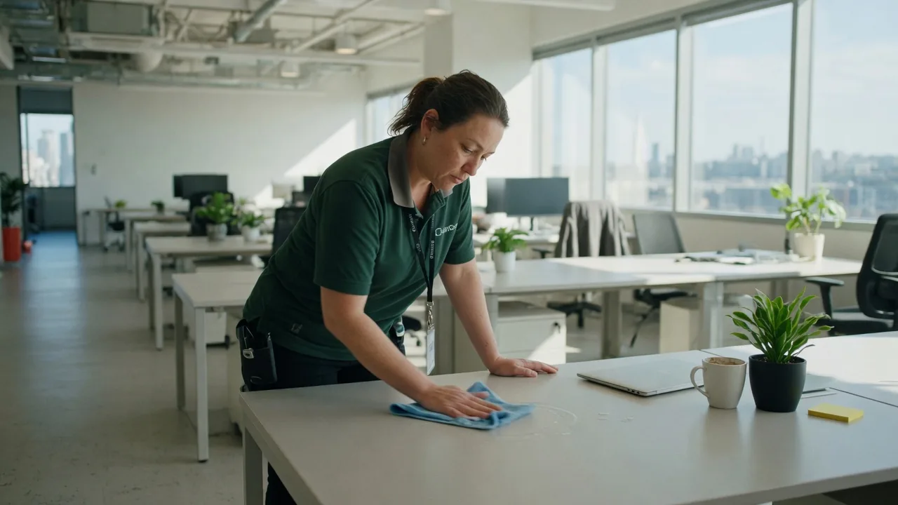 First Choice cleaner wiping down office workstations in a South Florida open-plan office