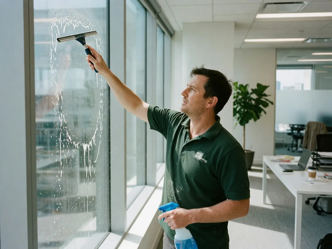 First Choice cleaner cleaning the glass wall of a modern office conference room in South Florida