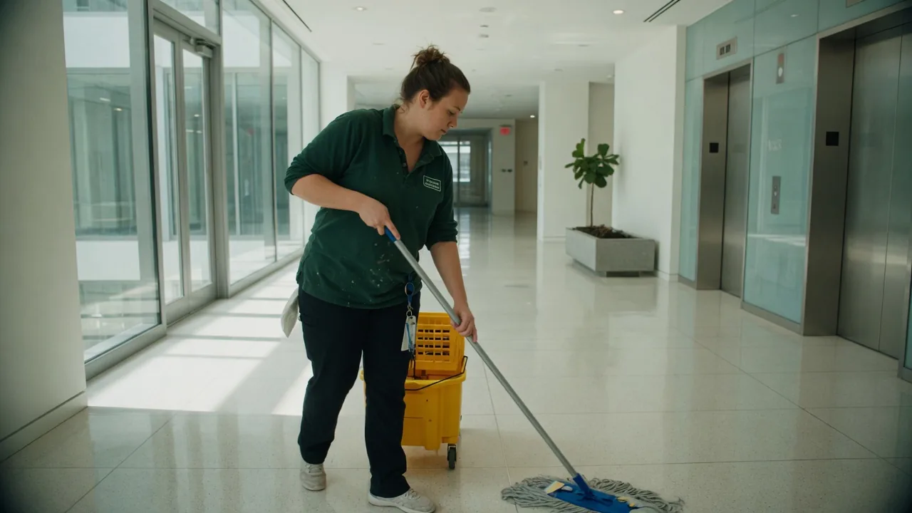 First Choice cleaner mopping a common corridor in a South Florida commercial building
