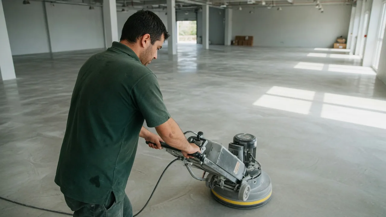 First Choice cleaner guiding a concrete polishing machine across a South Florida commercial floor