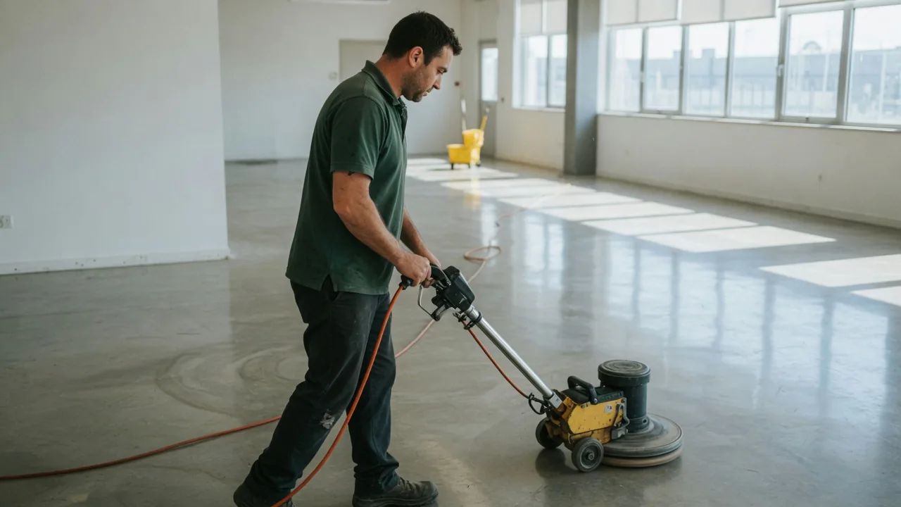 First Choice cleaner burnishing a polished concrete floor in a South Florida facility