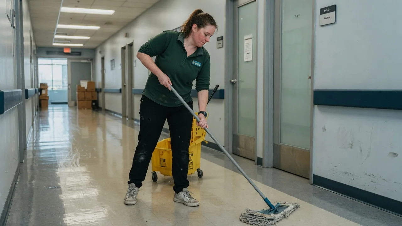 First Choice cleaner mopping a polished commercial corridor floor in South Florida
