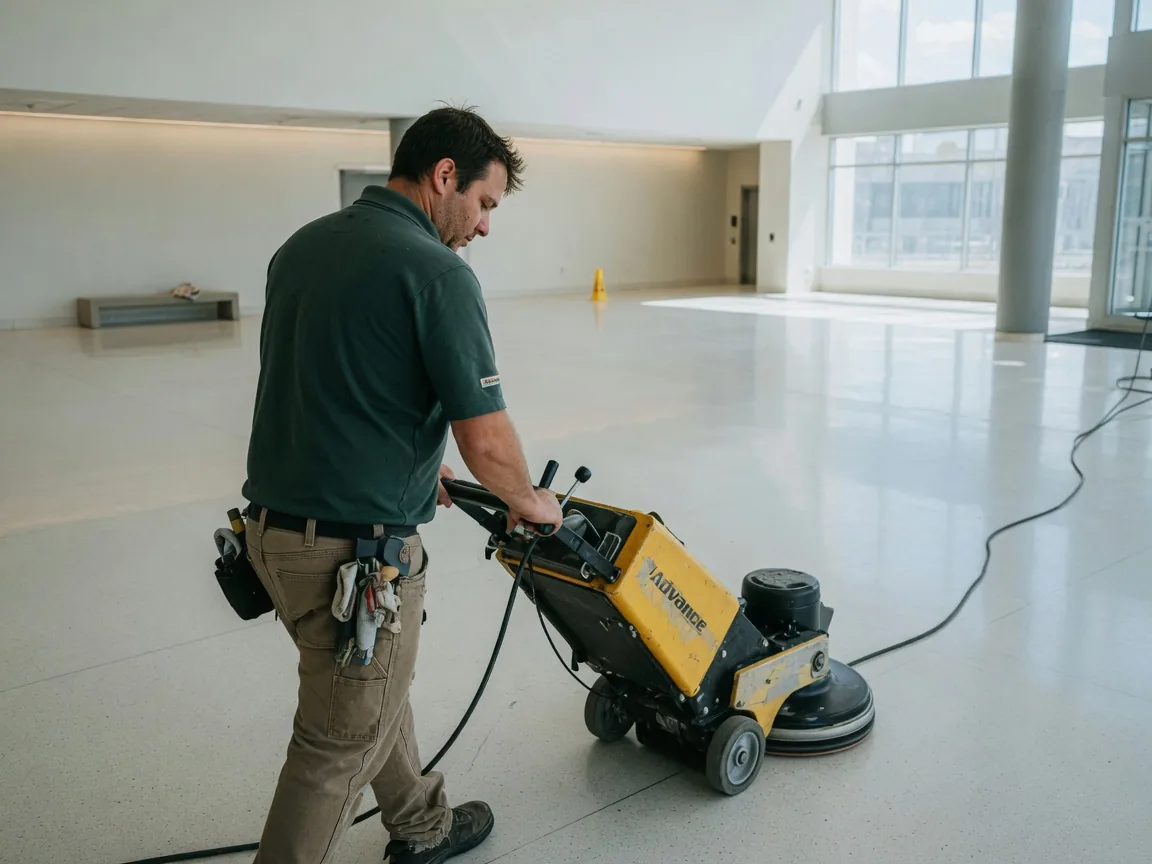First Choice cleaner operating a floor buffer machine on a commercial hard floor in South Florida