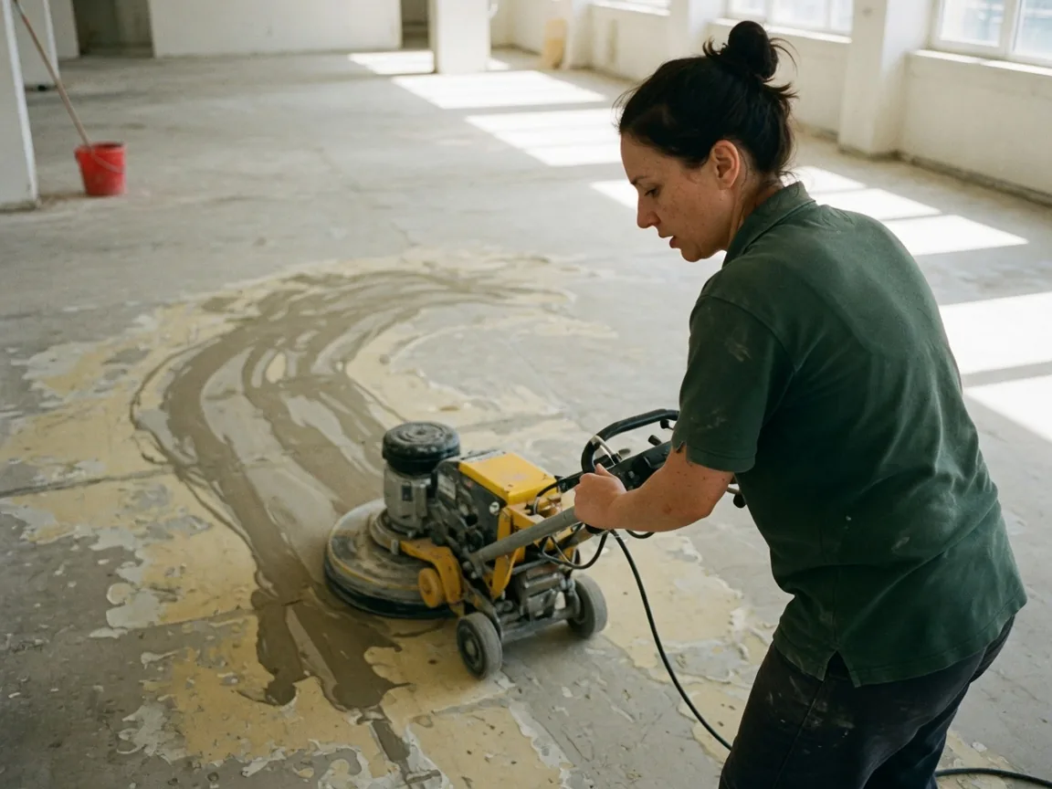 First Choice cleaner stripping old finish from a commercial floor in South Florida