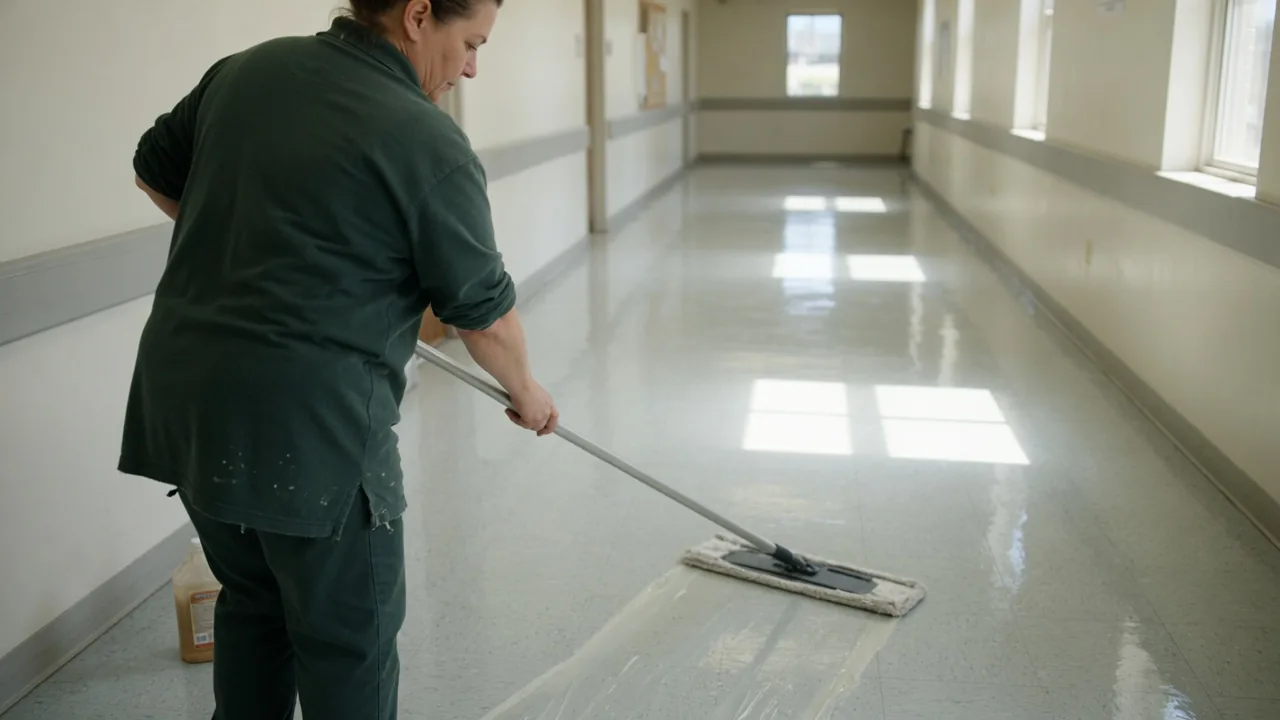 First Choice cleaner applying a fresh wax finish to a commercial floor in South Florida