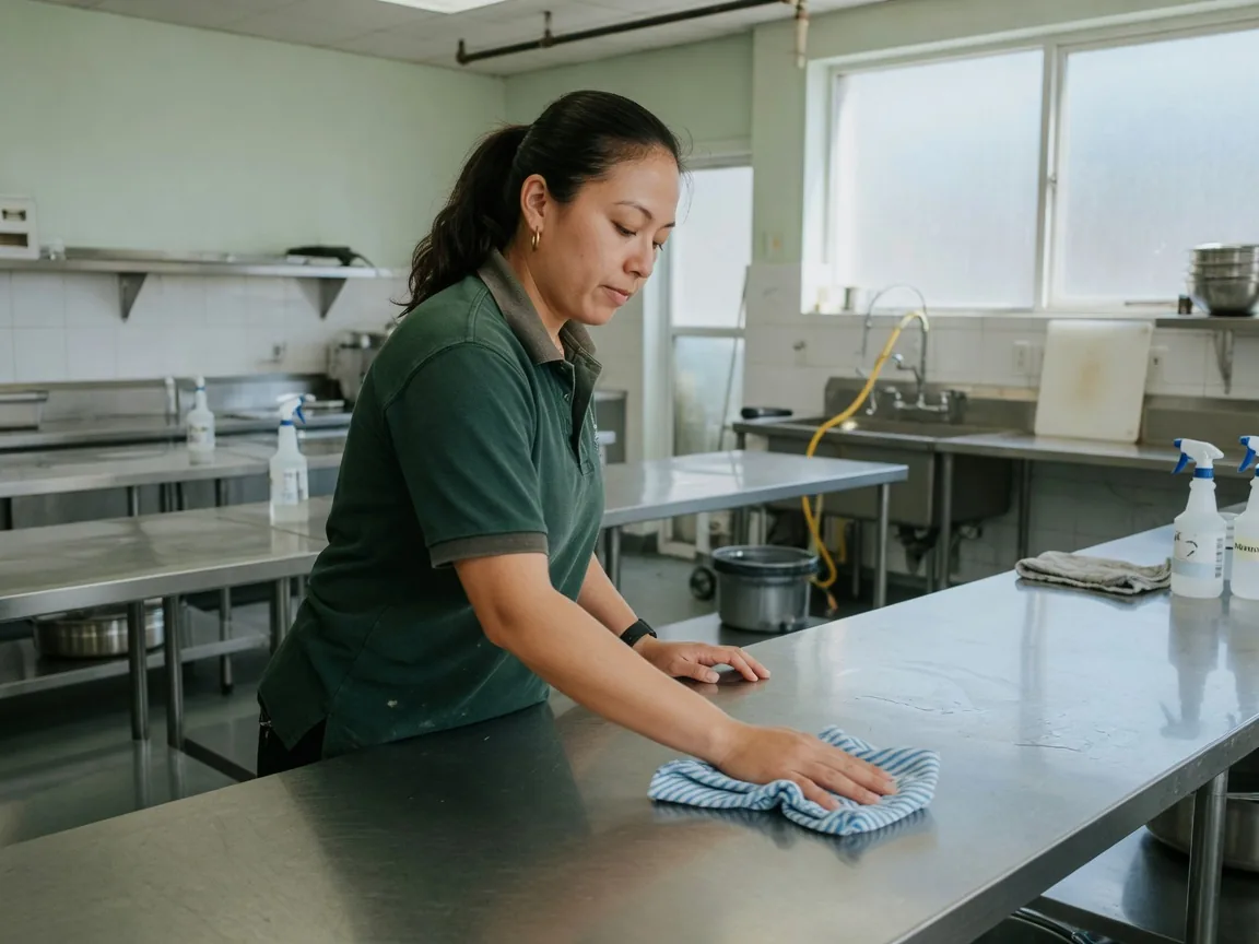 First Choice cleaner detailing stainless steel prep surfaces in a South Florida commercial kitchen