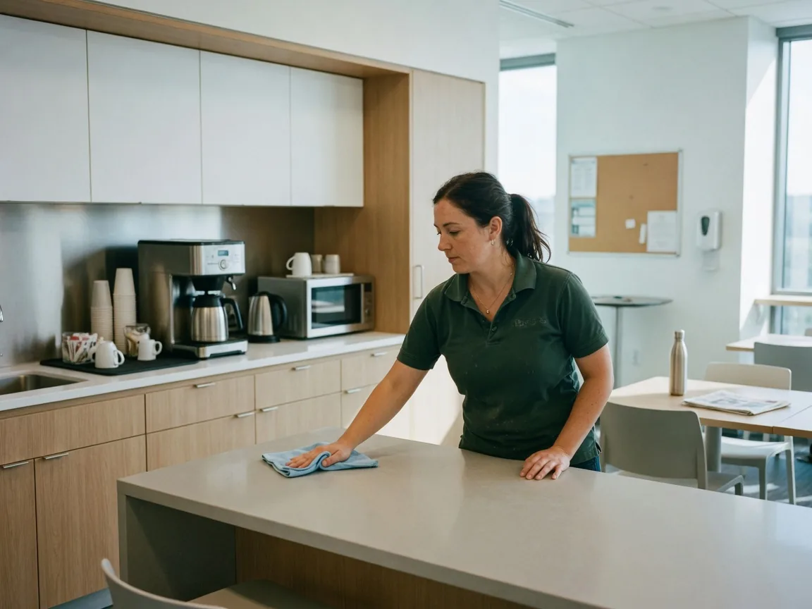 First Choice cleaner in a green uniform servicing a South Florida office break room during a nightly janitorial contract