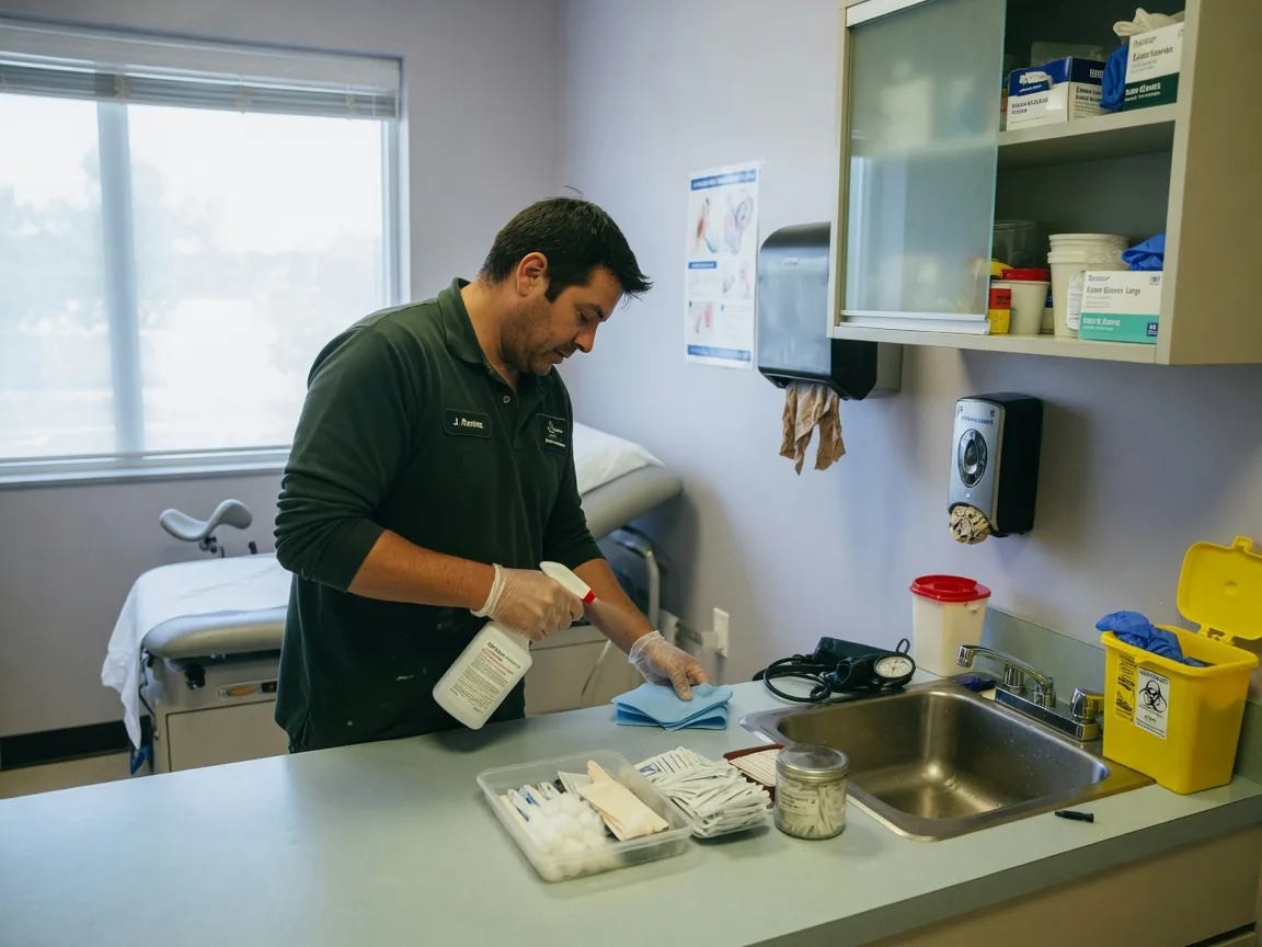 First Choice cleaner disinfecting surfaces in a South Florida medical exam room
