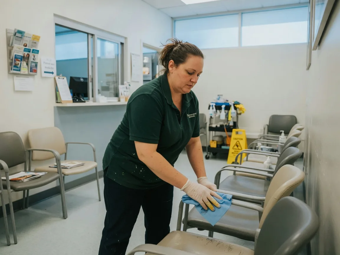 First Choice cleaner sanitizing a medical office waiting room in South Florida