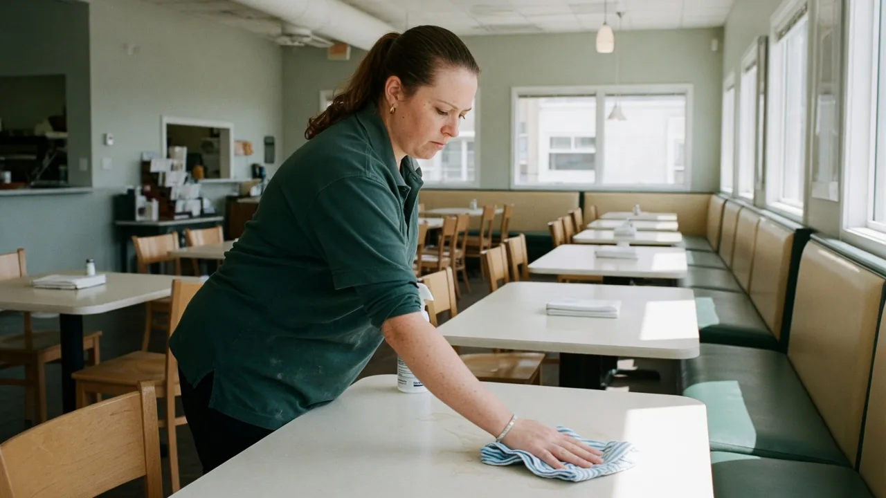 First Choice cleaner detailing dining room tables and booths in a South Florida restaurant