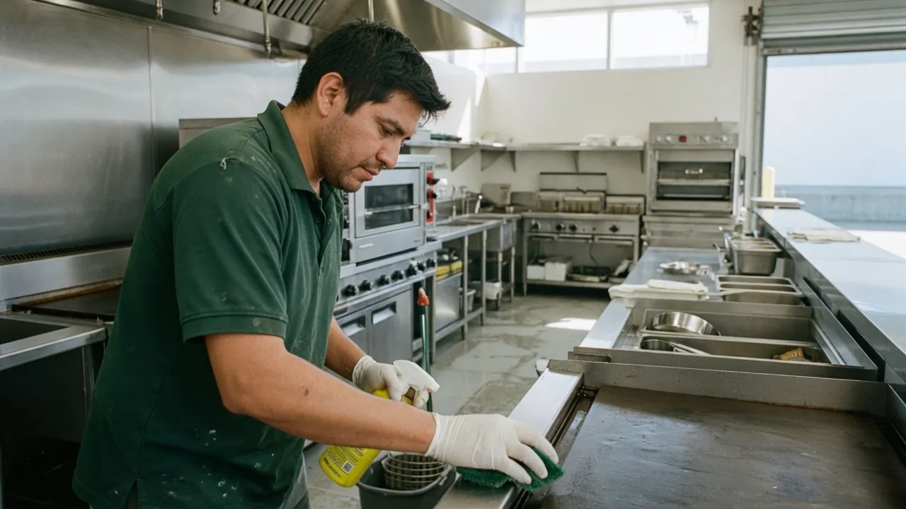 First Choice cleaner deep-cleaning a stainless restaurant kitchen line in South Florida