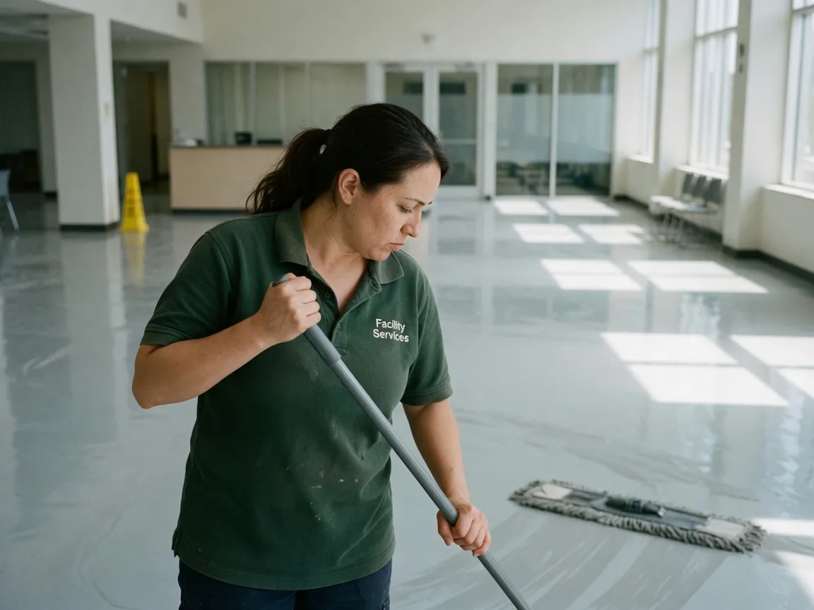 First Choice cleaner mopping a commercial floor in a South Florida building