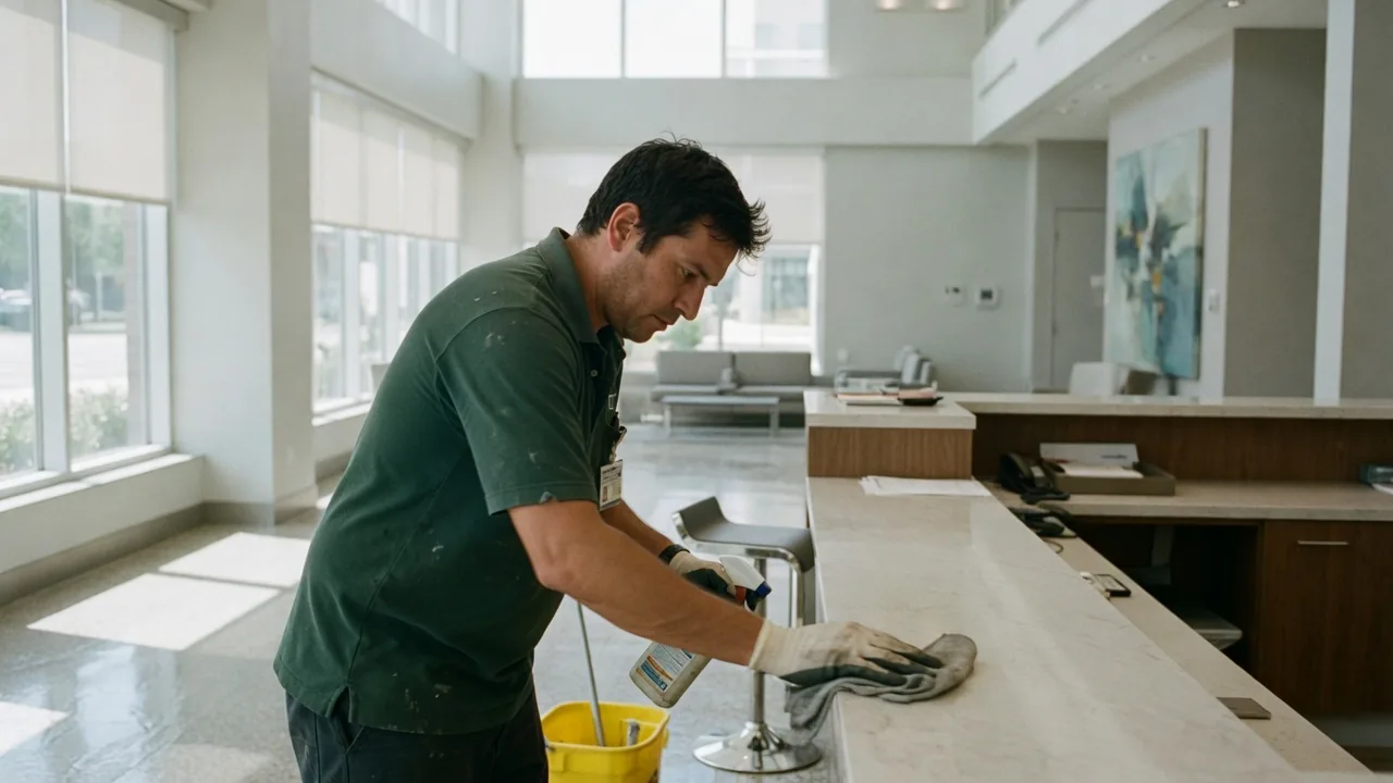First Choice cleaner servicing a commercial lobby and reception in South Florida