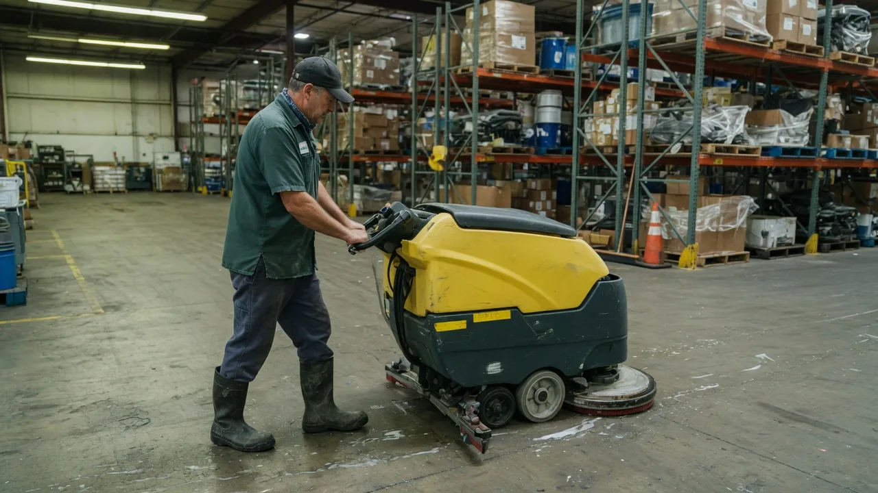 First Choice cleaner operating a floor scrubber machine in a South Florida warehouse