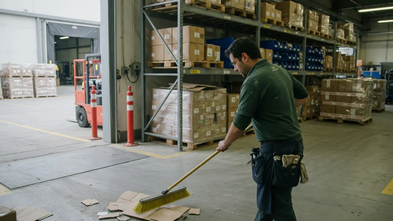 First Choice cleaner sweeping a warehouse dock and shelving area in South Florida