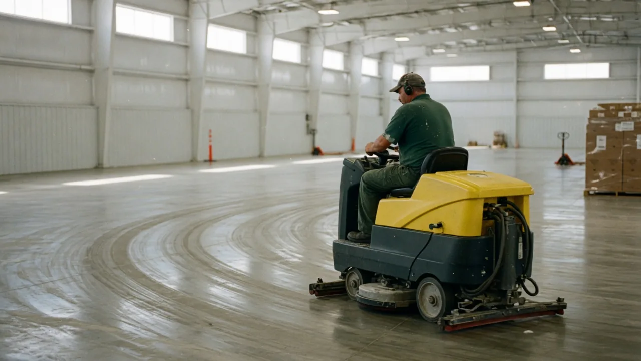 First Choice cleaner operating a ride-on floor scrubber on a South Florida warehouse floor