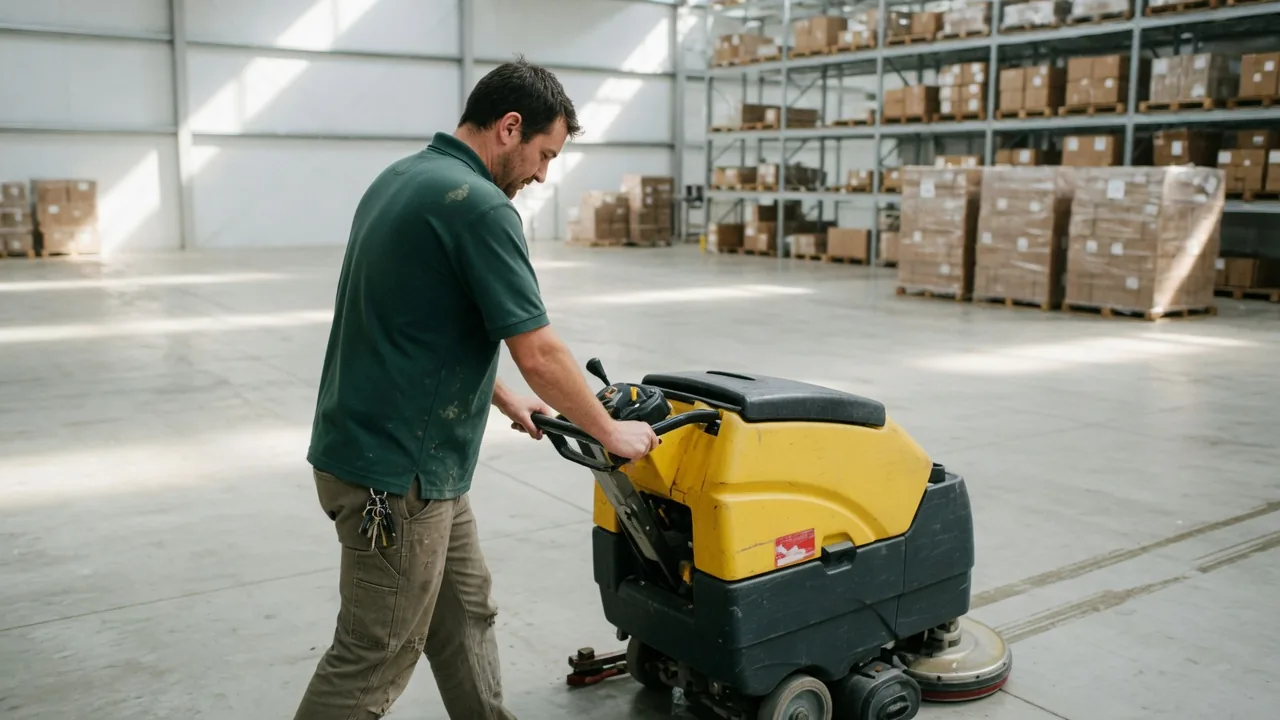 First Choice cleaner operating a walk-behind floor scrubber in a South Florida warehouse